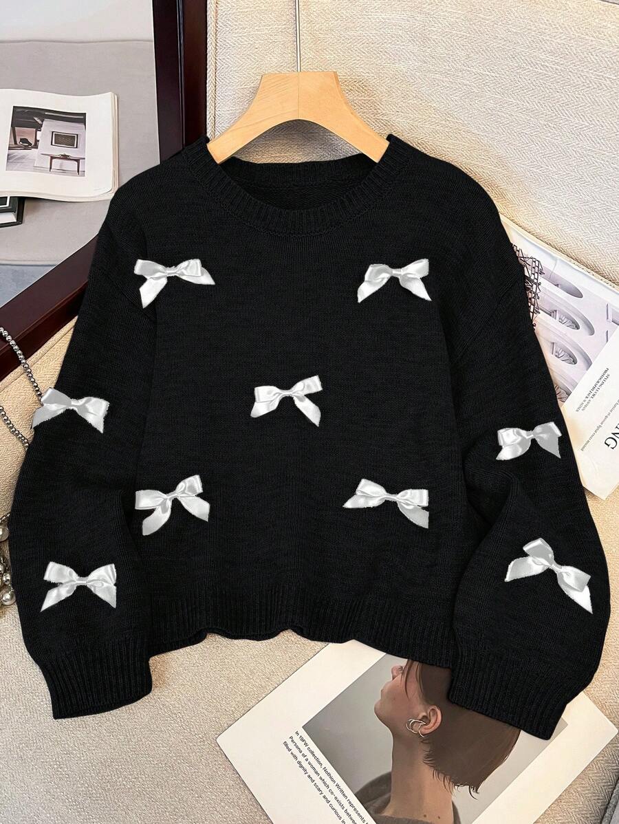 Tween Girls' Loose Casual Crew Neck Pullover Sweater With Bow Decor, Simple & Sweet Style,In Fall/Winter