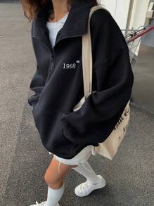 DAZY Contrast Color Block Fold-Over Collar Loose Fit Fleece Sweatshirt For Women - Black - View 3