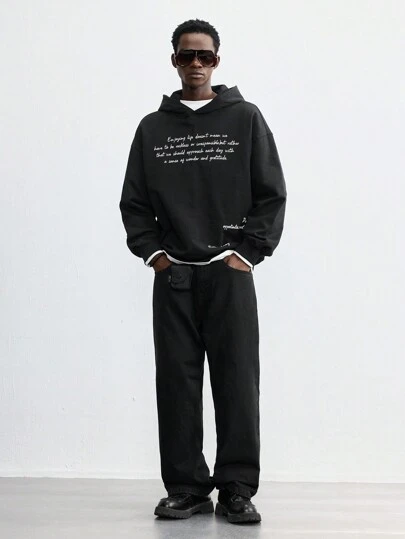 Maija 男士 2025 新款冬季黑色宽松长袖英式刺绣连帽衫运动衫，百搭休闲年轻时尚，适合新年、节日派对、情人节约会