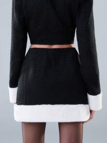 SHEIN Unity Winter Contrast Faux Fur Hem Solid Tweed Mini Skirt Elegant - Black and White - View 2