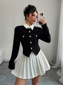 Elenzga Conjunto de chaqueta de manga larga de solapa única elegante y falda midi plisada para mujer