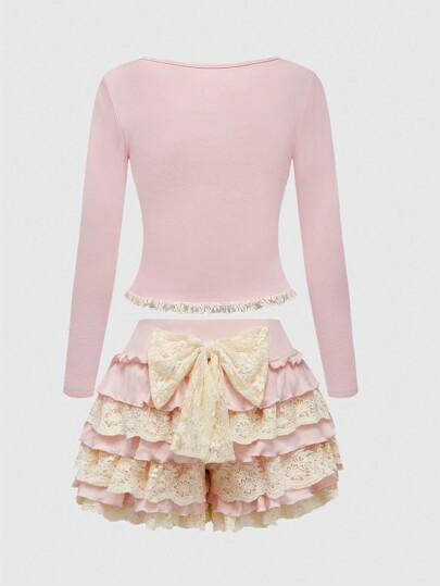 Kawaii Women Sexy Milkmaid Style Top With Bow Decor And Cake Skirt 2 Pieces Set