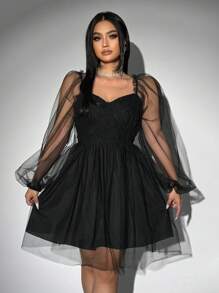 Allurite Plus Size Valentine's Day Mesh & Contrast Lace Square Collar Plicated Mini Dress, With Heart, Rose, Polka Dot, Love, Lip, Cupid, Floral Details
