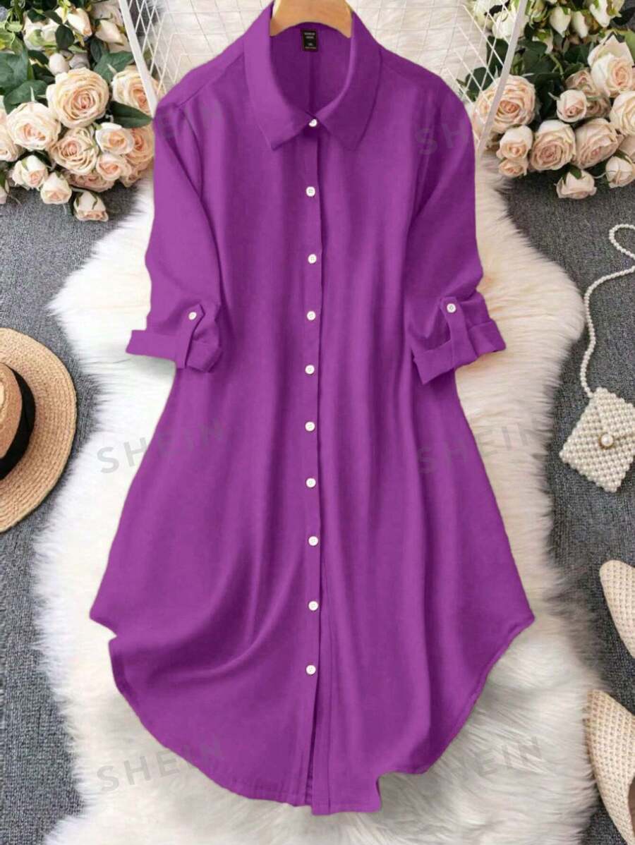 SHEIN LUNE Vestido casual de mujer con cierre de botones delanteros sencillo y liso, para uso diario