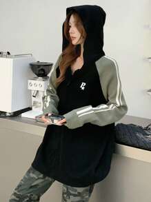 DAZY Women's Colorblock Striped Letter Embroidery Loose Long Sleeve Hooded Zipper Cardigan,Fall Women Clothes Jacket - Black - View 9