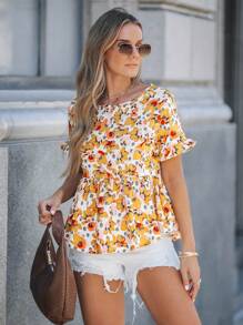 SHEIN LUNE 荷葉邊袖滿版花卉荷葉邊下擺上衣 - 彩色 - 查看 6