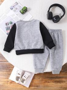 SHEIN 男婴纹理混色运动衫和运动裤套装 - 灰色 - 查看 2