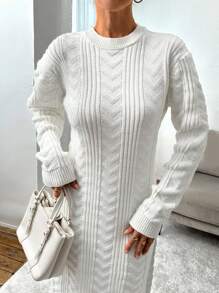 EURMUSE Neues midlanges gestricktes Pulloverkleid für Frauen, oversized, geeignet zum Schichten, dickes Material, für Herbst und Winter - Weiss - Übersicht 2