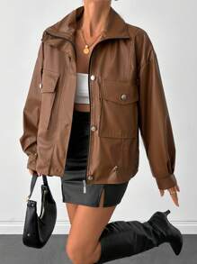 EURMUSE PU Leather Stylish Hidden-Fly Detailed Women's Jacket - Brown - View 3
