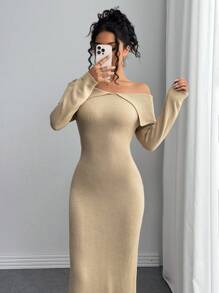 Chiquease Elegant Fitted Collar Long Sleeve Knit Warm High Waist Apricot Sweater Dress For Women, Autumn/Winter