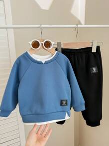 SHEIN 2pcs/Set Baby Boys/Girls Casual Cute Style Drop Shoulder Loose Round Neck Knitted Sweatshirt And Ribbed Hem Knitted Pants Set, Suitable For Autumn/Winter Home/Outdoor Wear - Blue - View 3