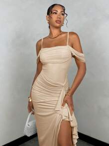 SHEIN BAE 女士性感甜美纯色宽松细肩带系带袖褶饰不对称下摆高开叉吊带裙，夏季 - 杏色 - 查看 5