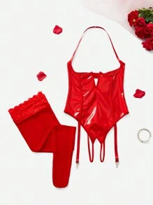 1 套女式镂空朋克性感诱惑开裆紧身衣 + 大腿高筒袜新娘外出内衣