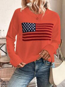 SHEIN LUNE Women's Round Neck Long Sleeve Flag Pattern Casual Sweater, Everyday Wear Knit Pullover Fall Winter - Burnt Orange - View 4