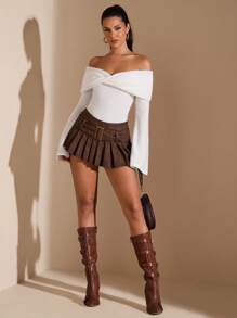 SHEIN BAE 女士冬季白色毛绒喇叭袖露肩扭领镂空后背性感优雅甜美紧身衣，适合浪漫约会、秋冬保暖分层、节日派对、圣诞节、感恩节