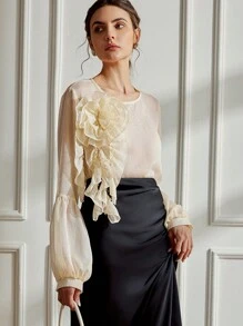 Aveloria Rosie 复古优雅透明纹理 3D 花卉超大女士衬衫节日派对服装可爱有趣的衬衫 - 黃色 - 查看 3