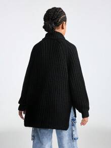 SHEIN Tween 女童纯色黑色高领长袖简约休闲上衣 - 黑色 - 查看 2