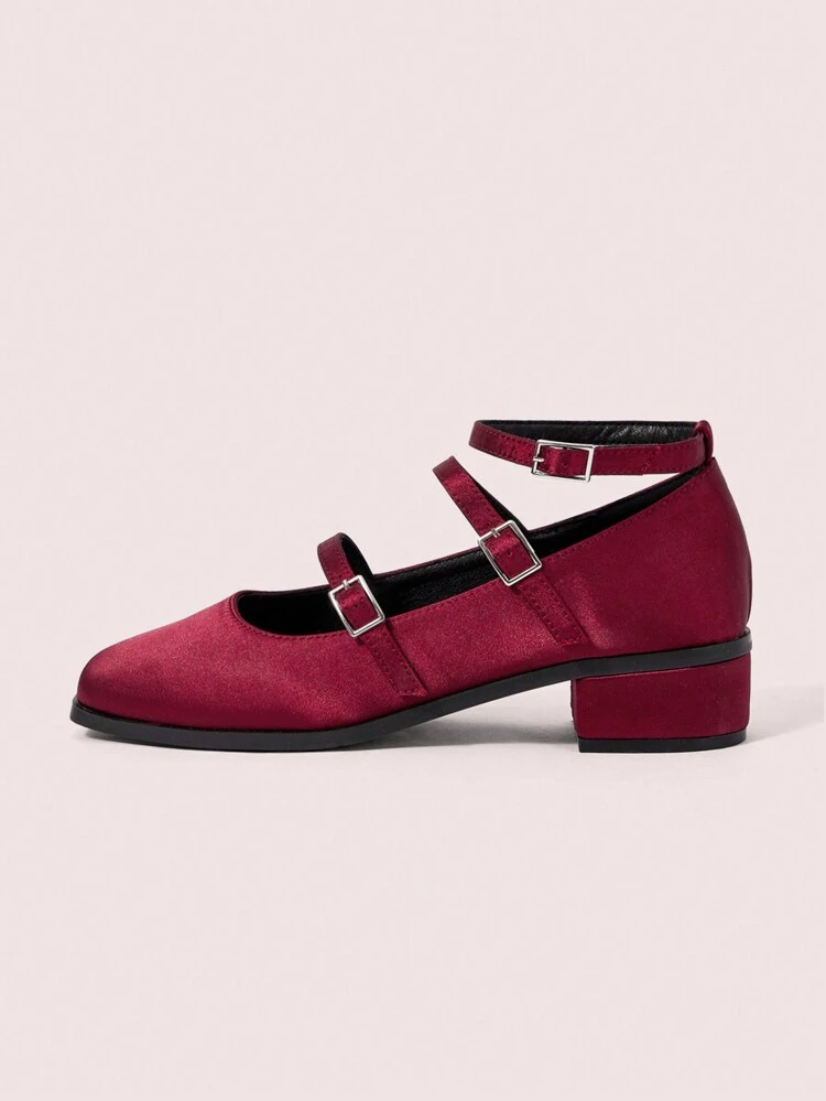 CUCCOO DOLLMOD Square Toe Block Heel Closed Toe Maryjane High Heel Shoes, Burgundy Color