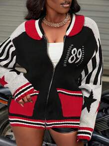 Slaydiva 大码学院风撞色条纹印花拉链开衫 - 彩色 - 查看 1