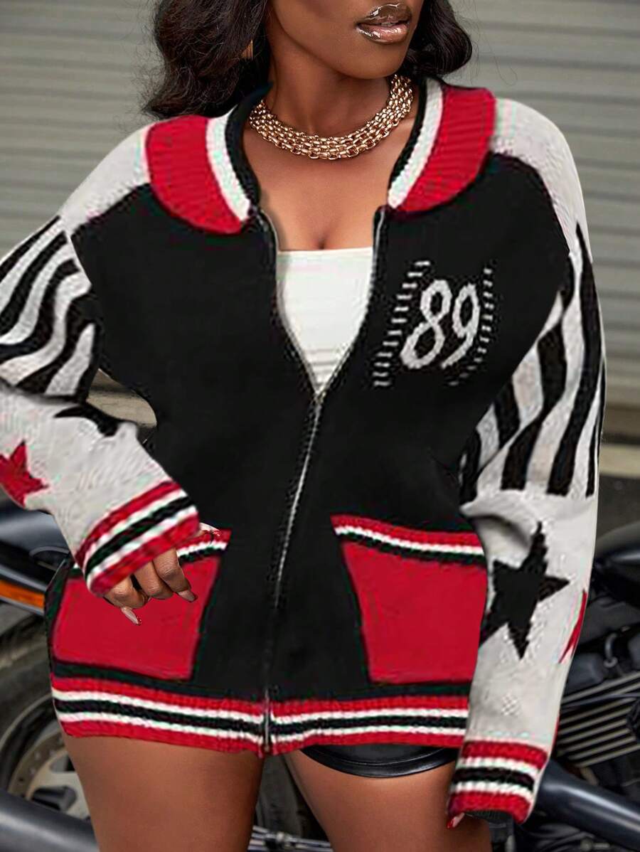 Slaydiva 大码学院风撞色条纹印花拉链开衫 - 彩色 - 查看 1