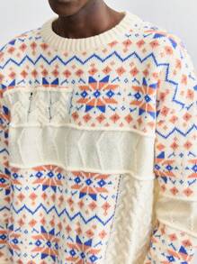 Maija 2025 Spring & Summer New Men's Multi-Color Round Neck Long Sleeve Graphic Details Casual Loose Knit Pullover Sweater, Thick & Warm, Fashionable For New Year, Date, Holiday Party, Valentine's Day