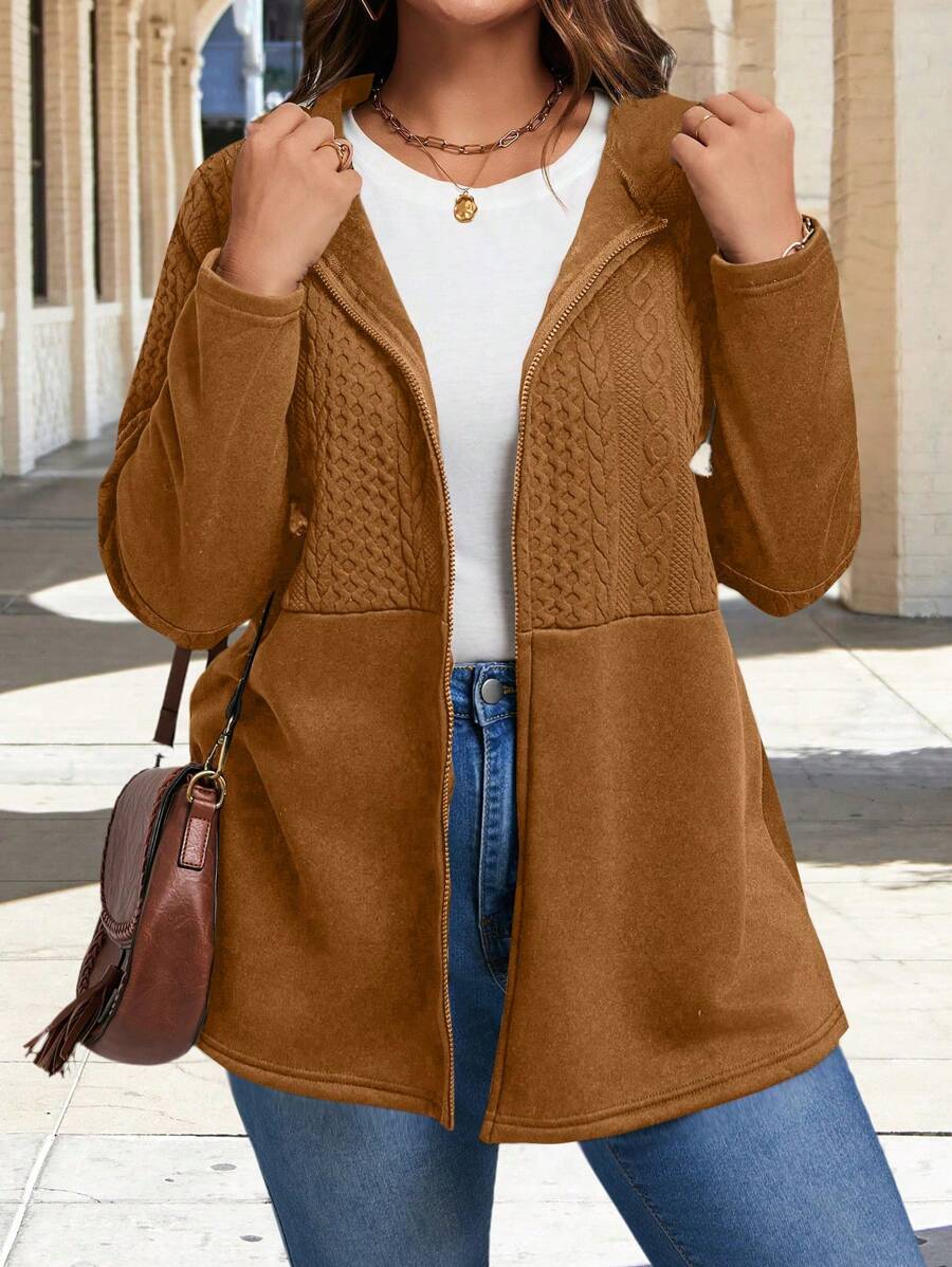 Plus Size Solid Color Front Zipper Long Sleeve Simple Casual Hooded Coat - Brown - View 1
