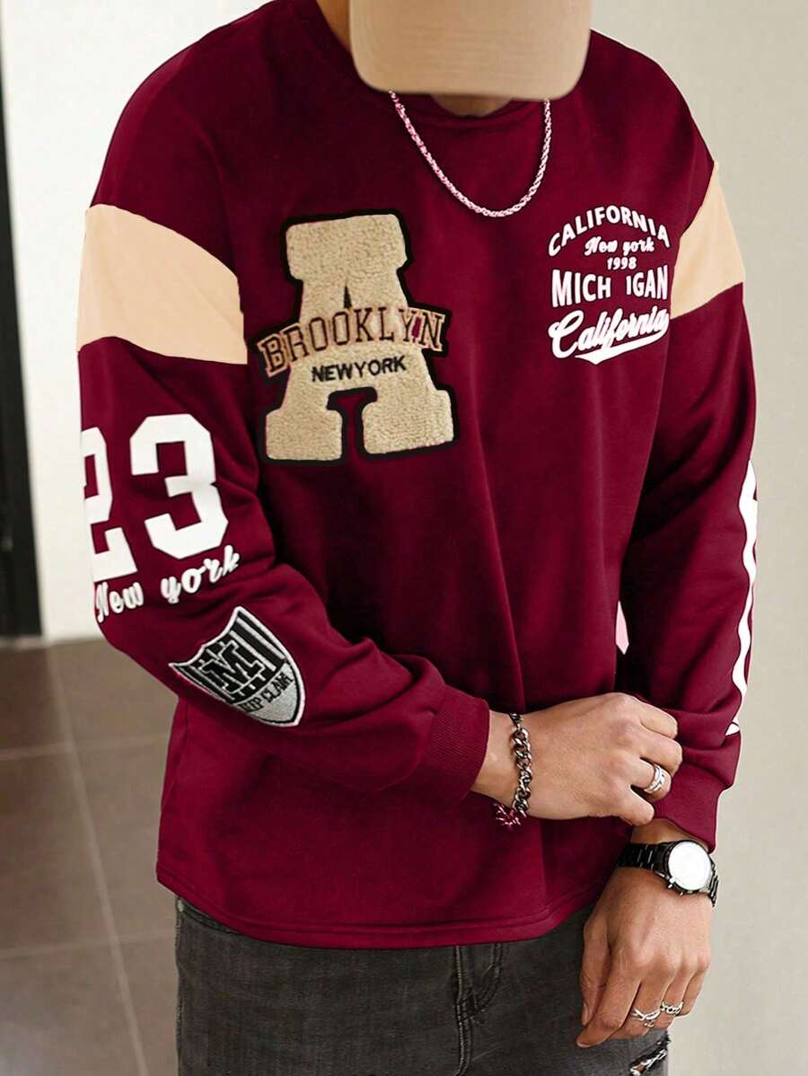 Manfinity Campus Court Áo thun nam tay dài cổ tròn in chữ nổi, thường ngày, mùa thu - Màu Đỏ Sâu - Xem 1