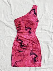 Soleia 女士度假风波浪印花单肩褶皱腰身修身迷你连衣裙，适合分层穿着或派对穿着，秋冬季 - 彩色 - 查看 5