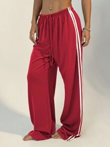 Women's Casual Striped Front Tie Sports Sweatpants, Autumn For New Year Clothes - Red - View 4