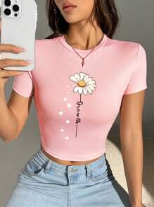 SHEIN EZwear 3 件套休闲简约花卉印花圆领短袖紧身短款女式 T 恤，夏季 - 彩色 - 查看 6