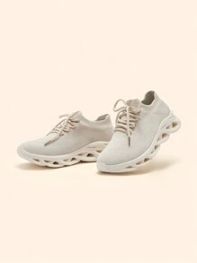 CUCCOO BASICS Women's Solid Color Cable Knit Lace Up Casual Sneakers, Comfortable & Lightweight For Running Spring Shoes Easter Trainers - Apricot - View 4