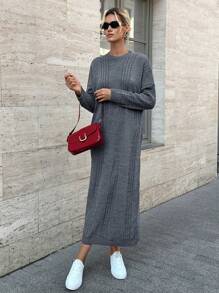 EURMUSE Crew Neck Cable Knit Long Sleeve Sweater Dress