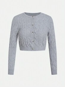 SHEIN Explorewe 纹理针织极简主义北欧风格修身毛衣裙和开衫套装，适合少女，适合户外和校园穿着 - 灰色 - 查看 3