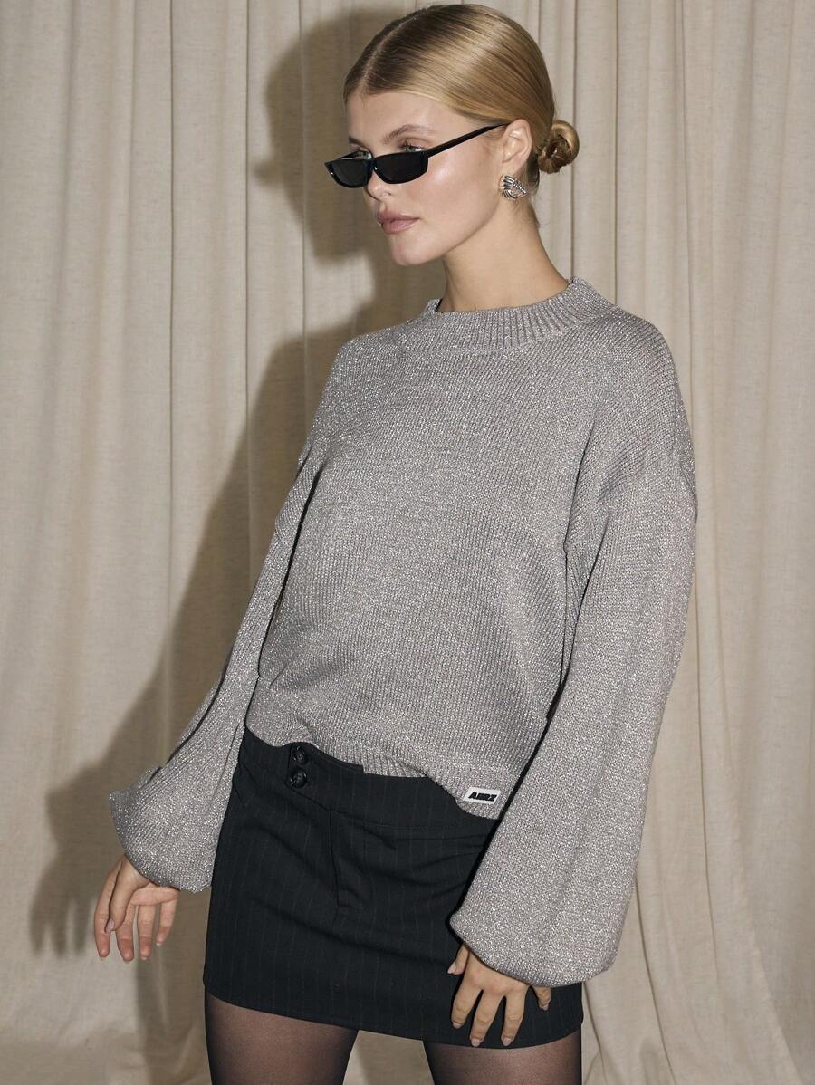 AiiRZ Metallic Thread Balloon Sleeve Knit Sweater Jumper Holiday Party Festive Winter Glitter Evening Pullover Oversized Cozy Statement Top - Grey - View 1