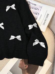 Tween Girls' Loose Casual Crew Neck Pullover Sweater With Bow Decor, Simple & Sweet Style,In Fall/Winter