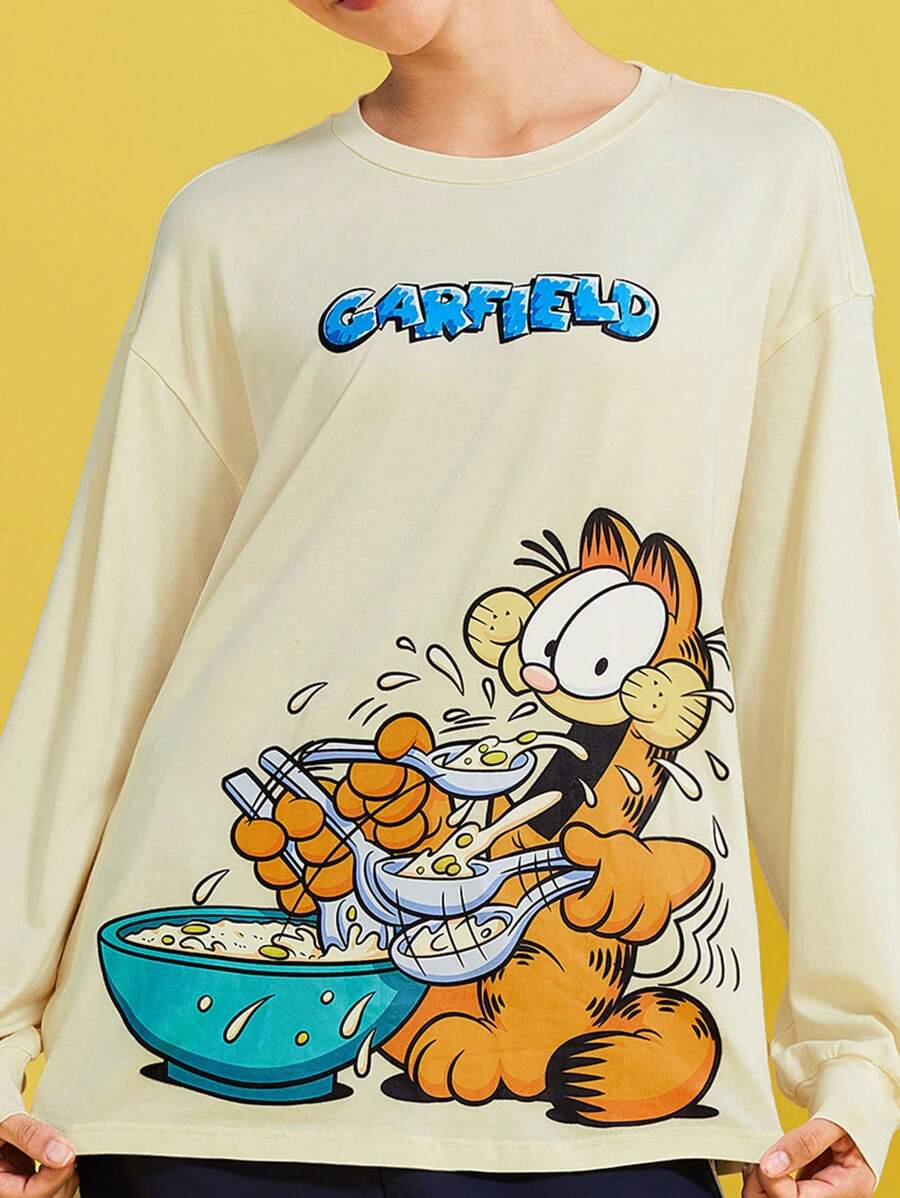 GARFIELD | SHEIN 女士休闲可爱卡通字母印花落肩宽松长袖 T 恤 - 杏色 - 查看 1