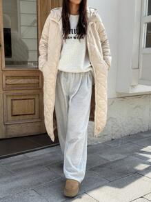 Muchica 净色拉链连帽夹棉大衣 - 卡其色 - 查看 3