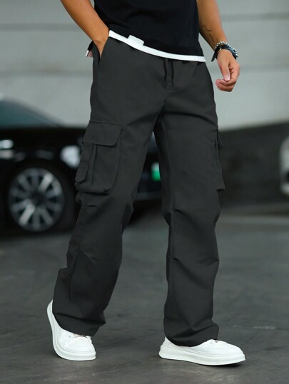 Manfinity Homme Pantalones cargo casuales con múltiples bolsillos lisos para hombre, otoño