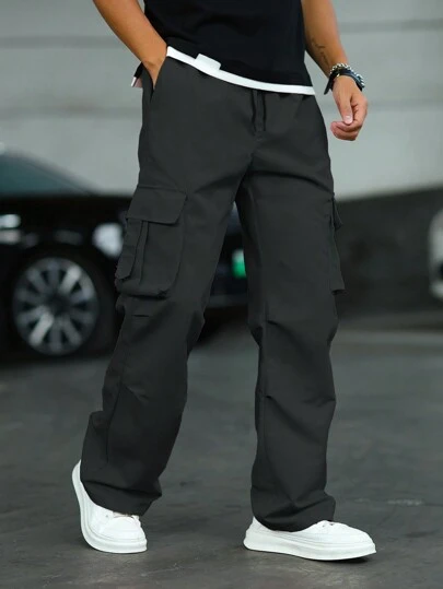 Manfinity EMRG Herrbyxor med flera fickor, enfärgade cargobyxor, höst