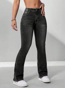 Slant Pocket Flare Leg Jeans - Black - View 7