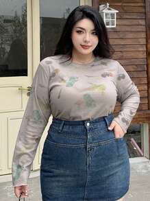 Dazy Plus All-Over Fruit Print Fitted Base Layer T-Shirt, Spring/Summer Sheer Long Sleeve Women Tops - Beige - View 7