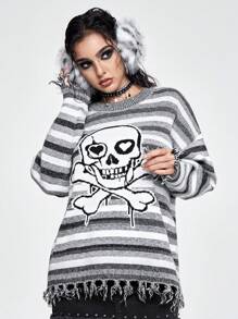 ROMWE Grunge Punk Chandail surdimensionné aux femmes avec squelette gothique mystérieux, effilé dégradé asymétrique