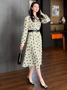 DAZY 女式波尔卡圆点长袖衬衫裙，法式复古简约优雅收腰修身长裙，秋季连衣裙 - 綠色 - 查看 4