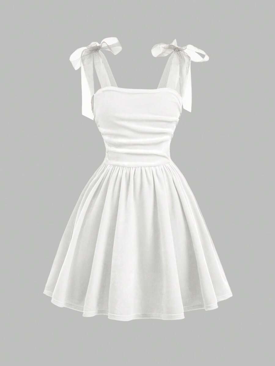 SHEIN Girlism Tween Girls Pleated Sleeveless Strap Ruffled Elegant Velvet Dress