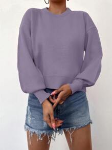EURMUSE Women's Solid Color Crew Neck Long Sleeve Minimalist Sweater, Casual For Daily Wear - Lilac Purple - View 5