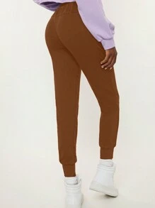 SHEIN BASICS Quần nỉ bó sát lưng rút màu trơn cho nữ, dáng rộng, dễ mặc - màu nâu - Xem 2