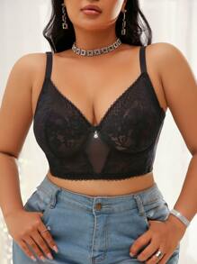 Plus Size Solid Color Simple Spaghetti Strap Bralette & Wirefree Bra - Black - View 3