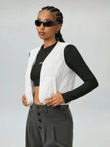 SHEIN EZwear Dames Winter Streetwear Vintage Gewatteerde Getextureerde Zwarte Korte Vest Gewatteerd