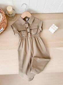 SHEIN LMoss Kids Baby Girl Cute Beige Short Sleeve Cinched Waist Jumpsuit, Collared, Summer - Camel - View 4