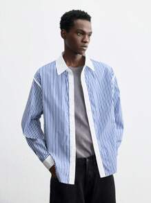 Maija Áo sơ mi nam tay dài rộng rãi họa tiết sọc jacquard màu xanh mới xuân/hè 2025, đa năng cho tiệc năm mới, mặc hàng ngày, ngày lễ tình nhân - Nhiều màu - Xem 3